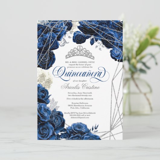Quinceañera met Royal Navy Blue Rozen en Tiara Kaart (Staand voorkant)