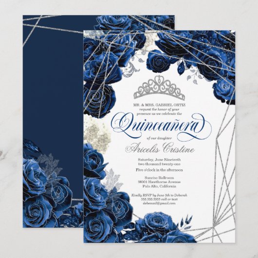 Quinceañera met Royal Navy Blue Rozen en Tiara Kaart (Voorkant / Achterkant)