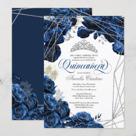 Quinceañera met Royal Navy Blue Rozen en Tiara Kaart