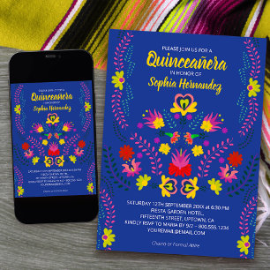 Quinceanera Mexicaans Feest Bloemen Blauwe Verjaar Kaart