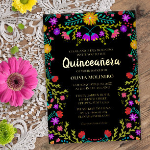 Quinceanera Mexicaans Feest Bloemrijk Echt Goud Folie Uitnodiging