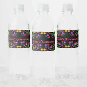 Quinceanera Mexicaanse Feest Bloemen Zwart Waterfles Etiket