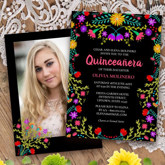 Quinceanera Mexicaanse Fiesta Bloemen Zwart Foto Kaart