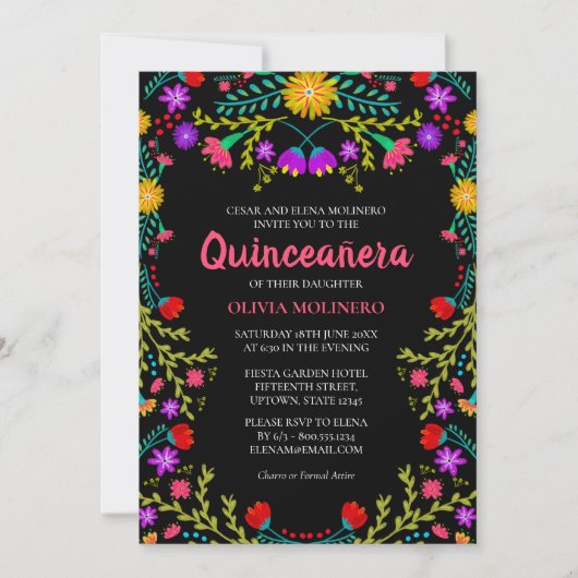 Quinceanera Mexicaanse Fiesta Bloemen Zwart Foto Kaart (Voorkant)