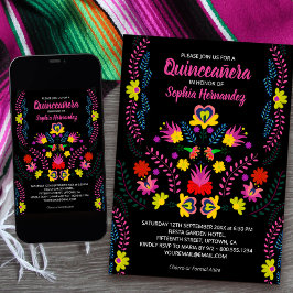 Quinceanera Mexicaanse Party Bloemen Zwart Verjaar Kaart