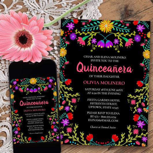 Quinceanera Mexican Fiesta Floral Black Birthday Kaart