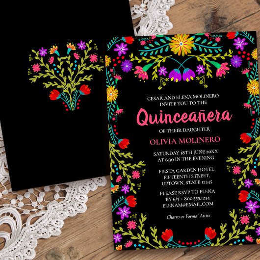 Quinceanera Mexican Fiesta Floral Black Birthday Kaart
