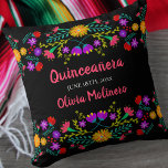 Quinceanera Mexican Fiesta Flowers Black Kussen<br><div class="desc">Quinceañera kussen met Mexicaanse fistelbloemen - of het is vrij om je aan te passen als een mooi cadeau om elke gelegenheid te vieren. Deze kleurrijke en levendige Quinceanera-kussen hebben Mexicaanse folkbloemen in roze paars geel rood blauw en groen. De sjabloon is klaar voor u om u te personaliseren, met...</div>