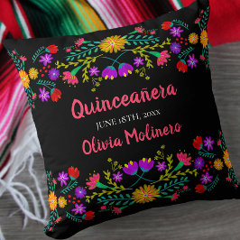 Quinceanera Mexican Fiesta Flowers Black Kussen