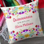 Quinceanera Mexican Fiesta Flowers White Kussen<br><div class="desc">Quinceañera kussen met Mexicaanse fistelbloemen - of het is vrij om je aan te passen als een mooi cadeau om elke gelegenheid te vieren. Deze kleurrijke en levendige Quinceanera-kussen hebben Mexicaanse folkbloemen in roze paars geel rood blauw en groen. De sjabloon is klaar voor u om u te personaliseren, met...</div>