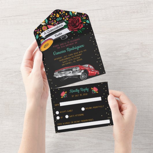 Quinceañera mexican fista florood all in one uitnodiging (Afscheurbaar)