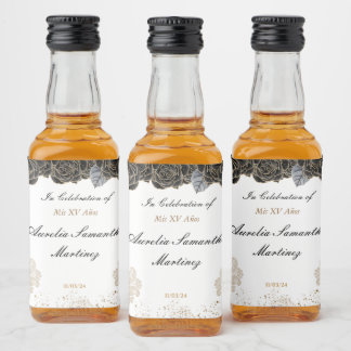 Quinceañera Mini Liquor Fles Zwart en Goud Likeurfles Etiket