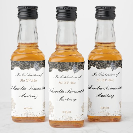 Quinceañera Mini Liquor Fles Zwart en Goud Likeurfles Etiket (Flessen)