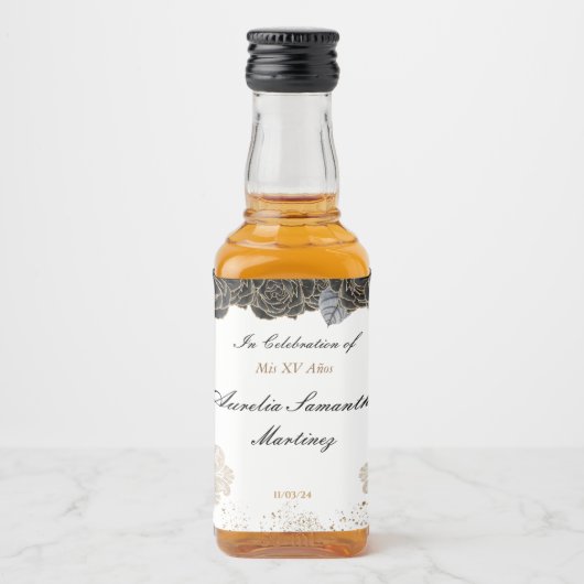 Quinceañera Mini Liquor Fles Zwart en Goud Likeurfles Etiket (Voorkant)