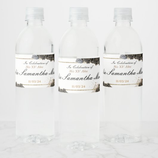 Quinceañera Mini Mousserende Wijn Zwart en Goud Waterfles Etiket (Flessen)