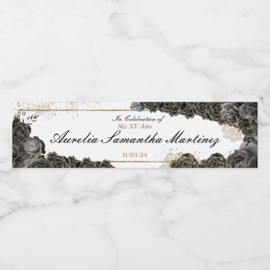 Quinceañera Mini Mousserende Wijn Zwart en Goud Waterfles Etiket (Enkel label)