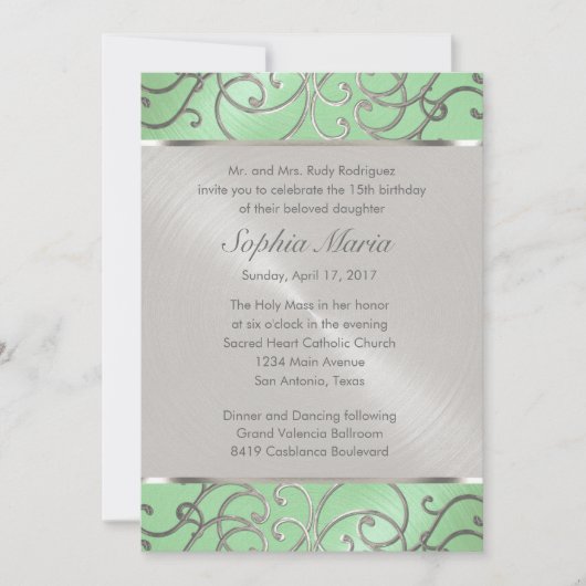 Quinceanera Mint Green en Silver Filigree Swirls Kaart (Voorkant)