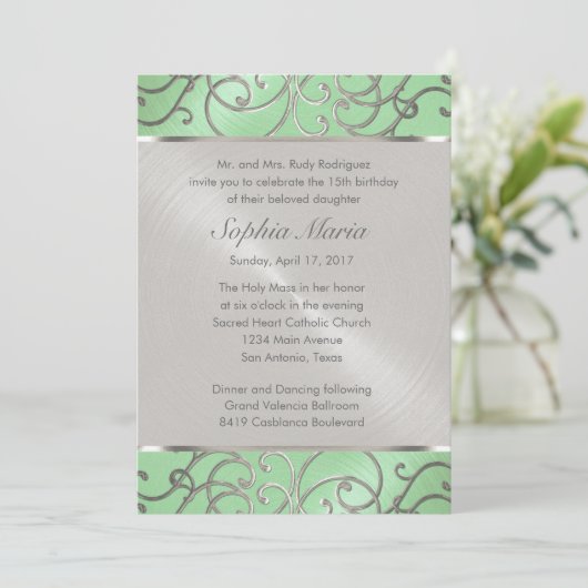 Quinceanera Mint Green en Silver Filigree Swirls Kaart (Staand voorkant)