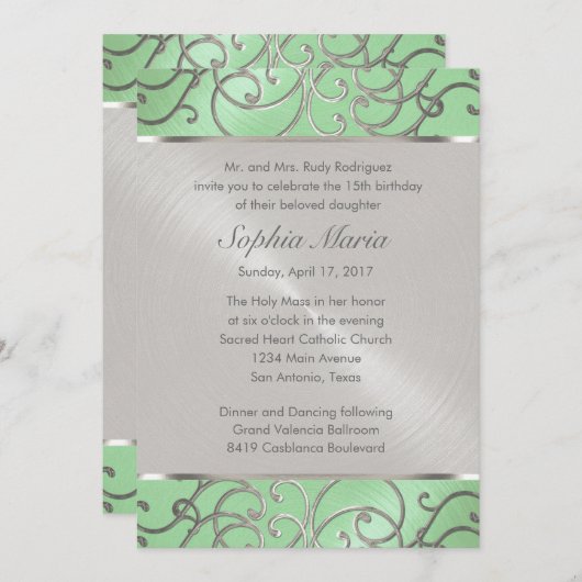 Quinceanera Mint Green en Silver Filigree Swirls Kaart (Voorkant / Achterkant)