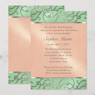 Quinceanera Mint Green Peach Silver Filigree Swirl Kaart
