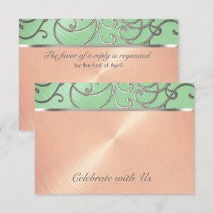 Quinceanera Mint Green Peach Silver Filigree Swirl Kaart