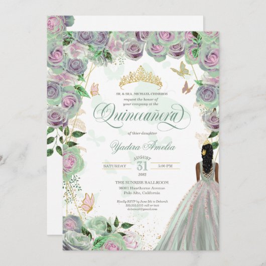 Quinceanera Mint Green Rozen Elegant Butterflies I Kaart (Voorkant / Achterkant)