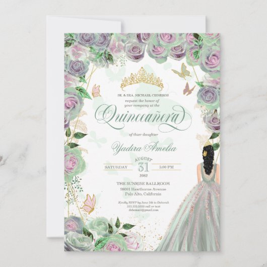 Quinceanera Mint Green Rozen Elegant Butterfly Kaart (Voorkant)