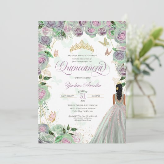 Quinceanera Mint Green Rozen Elegant Butterfly Kaart (Staand voorkant)