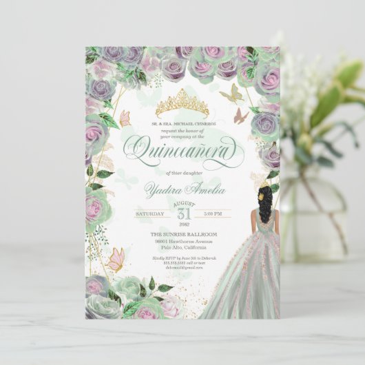 Quinceanera Mint Green Rozen Elegant Butterfly Kaart (Staand voorkant)
