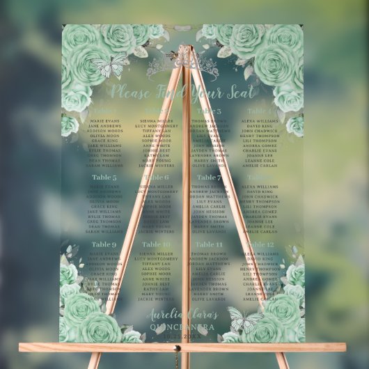 Quinceañera Mint Groen Bloemen Zilver Zitje Acryl Bord (Neutraal)