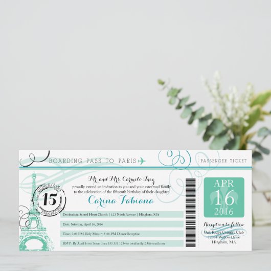 Quinceanera Mint Groen en Blauwgroen | Parijs Kaart (Staand voorkant)