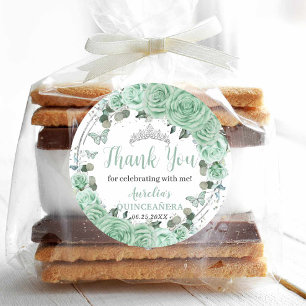 Quinceañera Mint Groene Bloemen Zilveren Vlinders Ronde Sticker