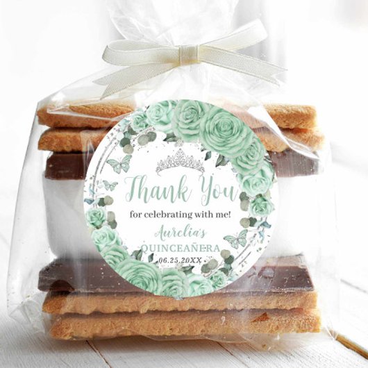 Quinceañera Mint Groene Bloemen Zilveren Vlinders Ronde Sticker