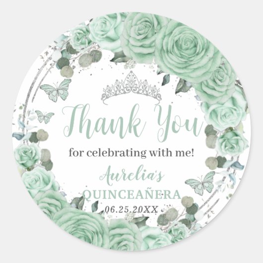 Quinceañera Mint Groene Bloemen Zilveren Vlinders Ronde Sticker (Voorkant)