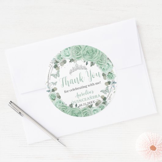 Quinceañera Mint Groene Bloemen Zilveren Vlinders Ronde Sticker (Envelop)
