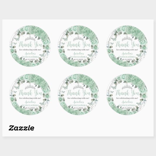 Quinceañera Mint Groene Bloemen Zilveren Vlinders Ronde Sticker (Vel)