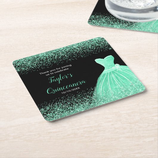 Quinceanera Mint Groene Faux Glitter Kartonnen Onderzetters (Schuin)