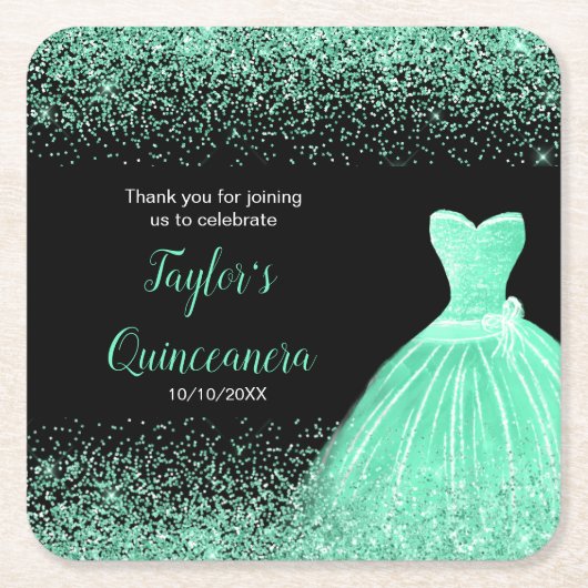 Quinceanera Mint Groene Faux Glitter Kartonnen Onderzetters (Voorkant)
