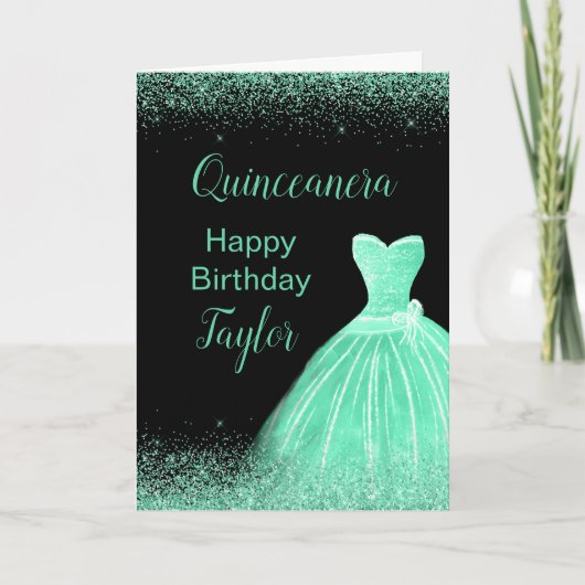 Quinceanera Mint Groene Jurk Faux Glitter Kaart (Voorkant)