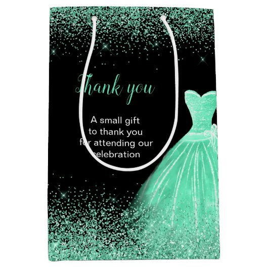 Quinceanera Mint Groene Jurk Faux Glitter Medium Cadeauzakje (Voorkant)