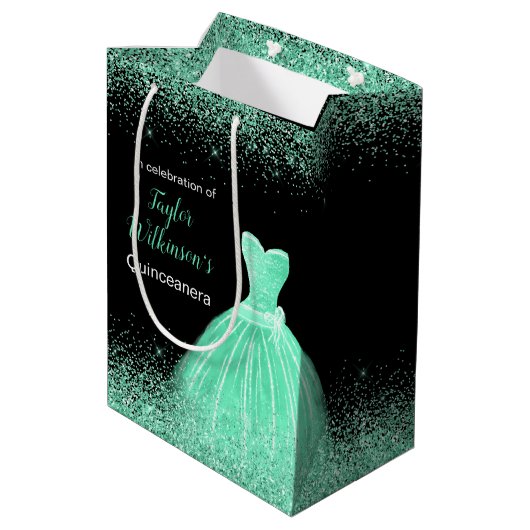 Quinceanera Mint Groene Jurk Faux Glitter Medium Cadeauzakje (Achterkant Gekanteld)