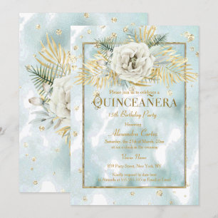 Quinceanera Mint Teal Goud marmer Roos Bloemig Kaart