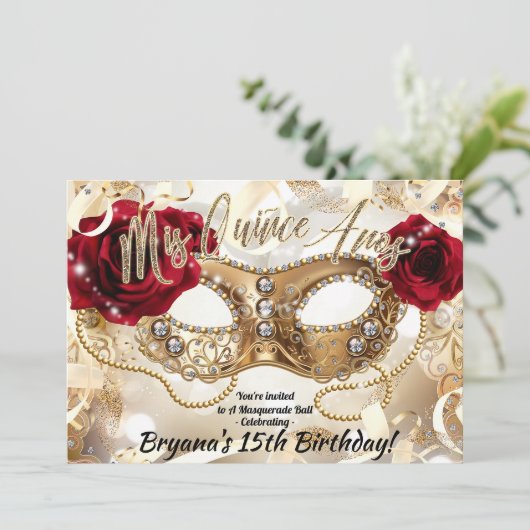 Quinceañera Mis Quiñce Cream Gold Masquerade Party Kaart (Staand voorkant)