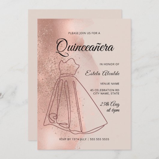 Quinceanera Mis Quince Dusty Roos Gold Elegant Kaart (Voorkant / Achterkant)
