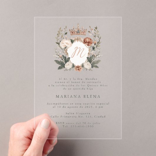 Quinceañera mis Quince Flower Crest Monogram Acryl Uitnodigingen (Insitu (Draagbaar))