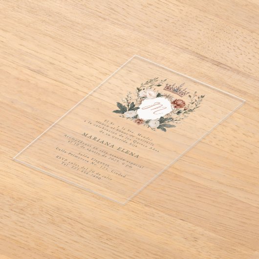 Quinceañera mis Quince Flower Crest Monogram Acryl Uitnodigingen (Laagn)