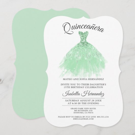 Quinceanera Mis Quince Mint Green Glitter Dress Kaart (Voorkant / Achterkant)