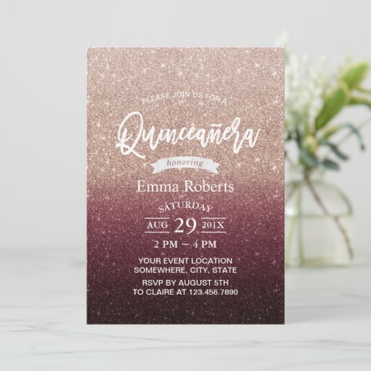 Quinceanera Modern Burgundy & Roos Gold Ombre Kaart (Staand voorkant)