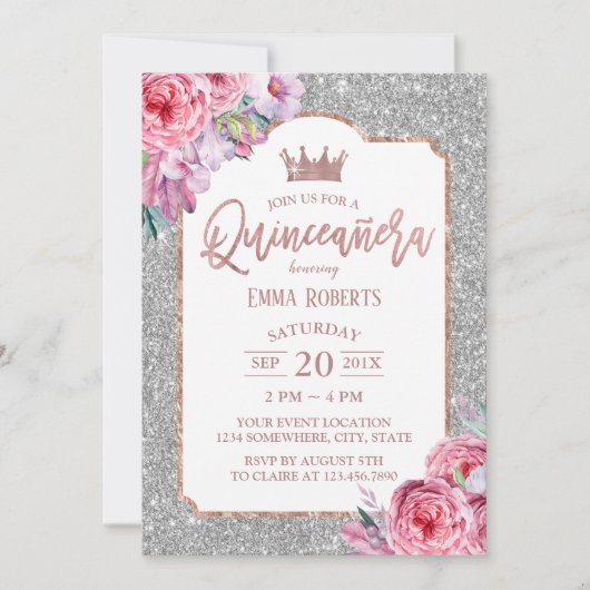 Quinceanera Modern Floral Silver Glitter Birthday Kaart (Voorkant)
