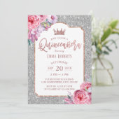 Quinceanera Modern Floral Silver Glitter Birthday Kaart (Staand voorkant)